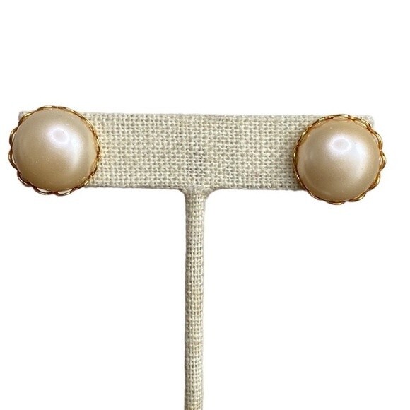 Faux Pearl Button Pierced Earrings Set of 3 in Gold, Cream & Black - Picture 3 of 11